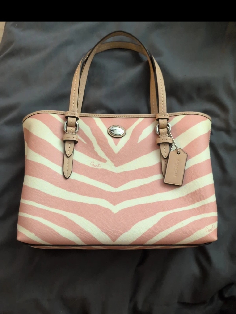Coach Pink and Cream Zebra-Print Leather Tote with Tan Handles
